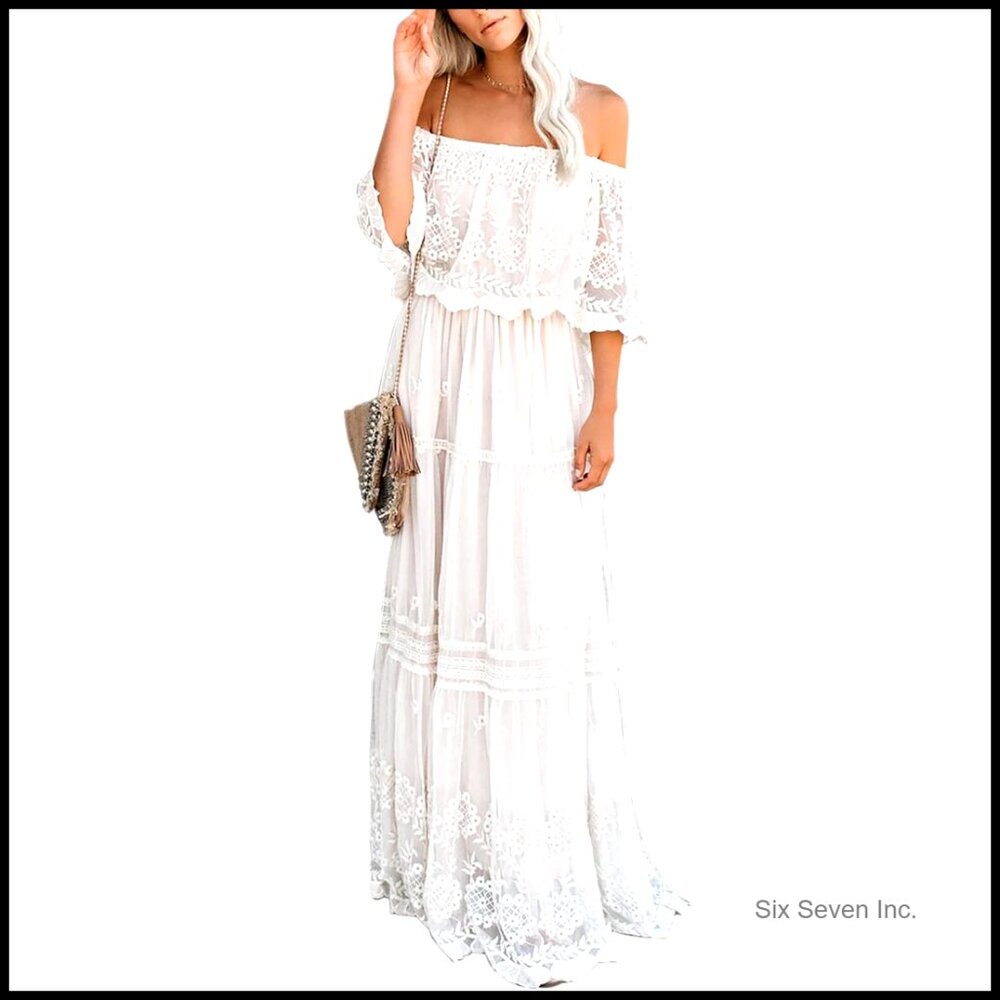 Off Shoulder Lace Maxi Dress Formal Wedding Party 100% Polyester